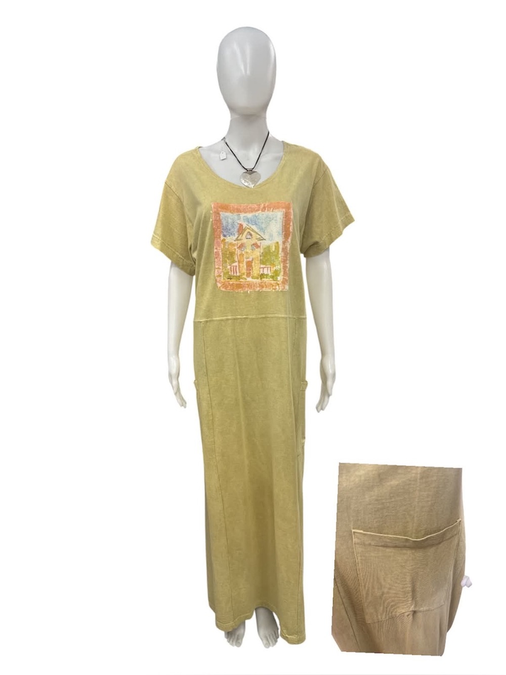 Liz & Jane Casual Olive Green Maxi Dress with Front Graphic Size M